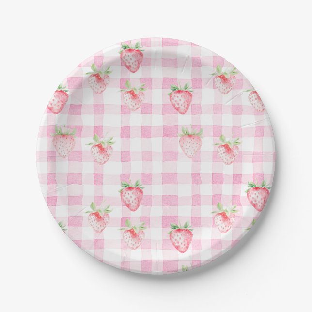 Plato De Papel Cute Strawberry Berry Pink Gingham Brithday (Anverso)