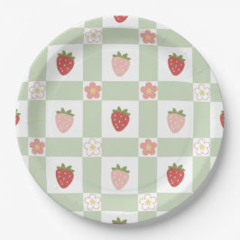 Plato De Papel Cute Strawberry Gingham Pastel Green 1st Birthday