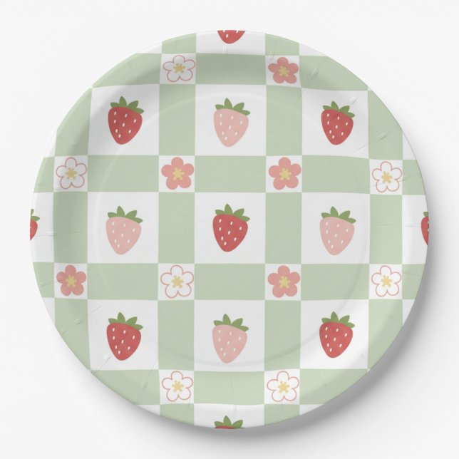 Plato De Papel Cute Strawberry Gingham Pastel Green 1st Birthday (Anverso)