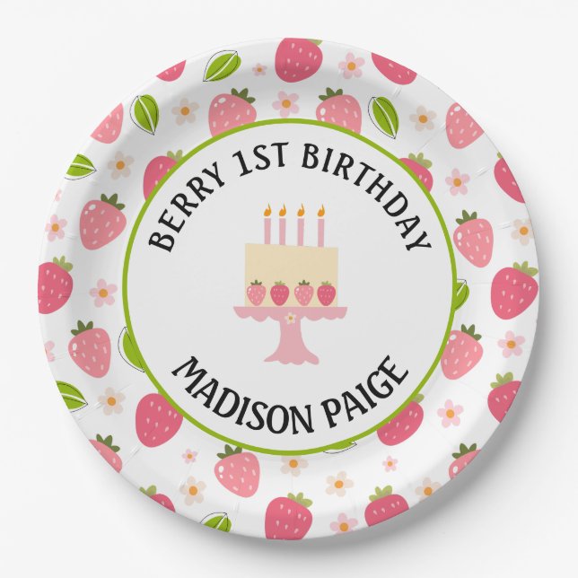Plato De Papel Cute Strawberry Pink Girls 1st Birthday  (Anverso)