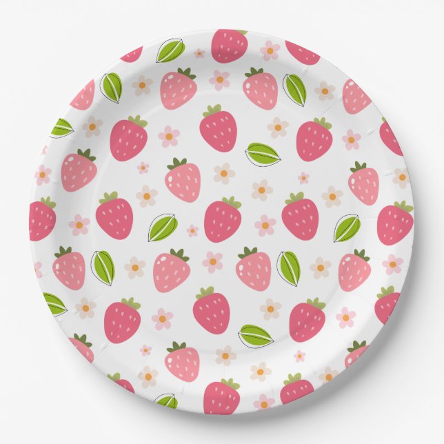 Plato De Papel Cute Strawberry Pink Girls Birthday Paper Plate (Anverso)