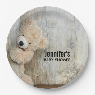 Plato De Papel Cute Stuffed Oso Rustic Wooden Back Baby Shower