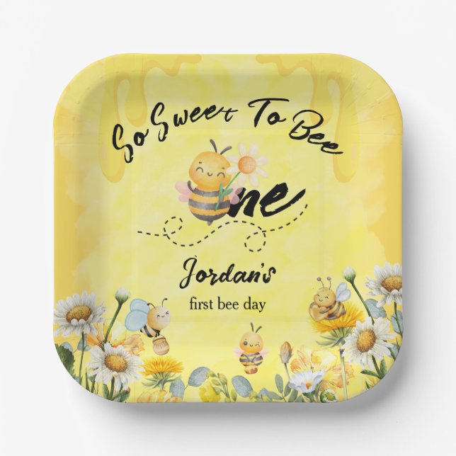 Plato De Papel Cute Sweet To Bee One Wildflower 1st birthday (Anverso)