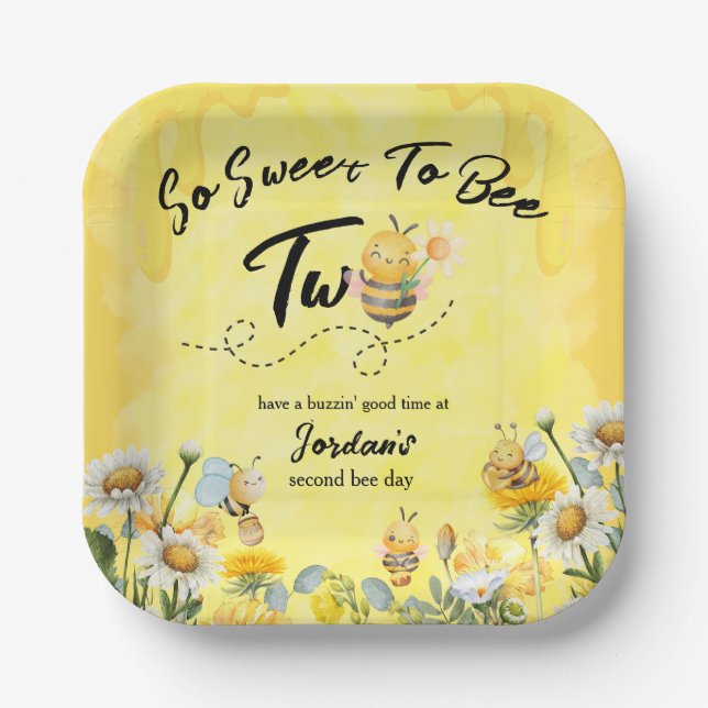 Plato De Papel Cute Sweet To Bee Two Wildflower 1st birthday (Anverso)