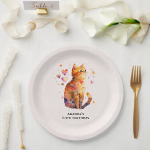 Plato De Papel Cute Tabby Cat con corazones Cumpleaños