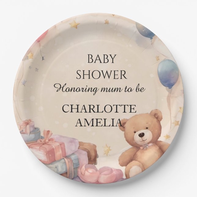 Plato De Papel Cute Teddy Bear Baby Shower (Anverso)