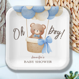Plato De Papel Cute Teddy Bear Blue Balloon Baby Shower