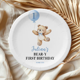 Plato De Papel Cute Teddy Bear Blue Balloon Beary Cumpleaños