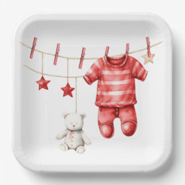 Plato De Papel Cute Teddy Bear Clothesline Red Baby Shower