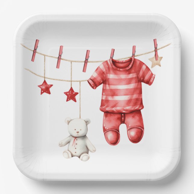 Plato De Papel Cute Teddy Bear Clothesline Red Baby Shower (Anverso)