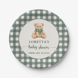 Plato De Papel Cute Teddy Bear Green Plaid Baby Shower