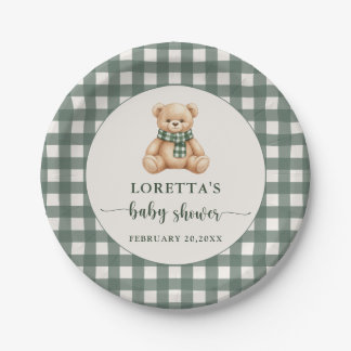 Plato De Papel Cute Teddy Bear Green Plaid Baby Shower