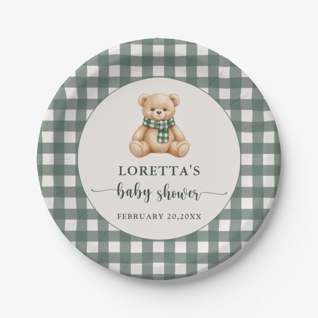 Plato De Papel Cute Teddy Bear Green Plaid Baby Shower (Anverso)