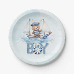 Plato De Papel Cute Teddy Bear Nautical Bote Boy Baby Shower