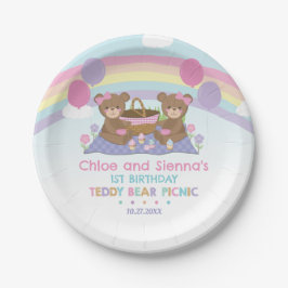 Plato De Papel Cute Teddy Bear Picnic Rainbow Twins Chica Cumplea