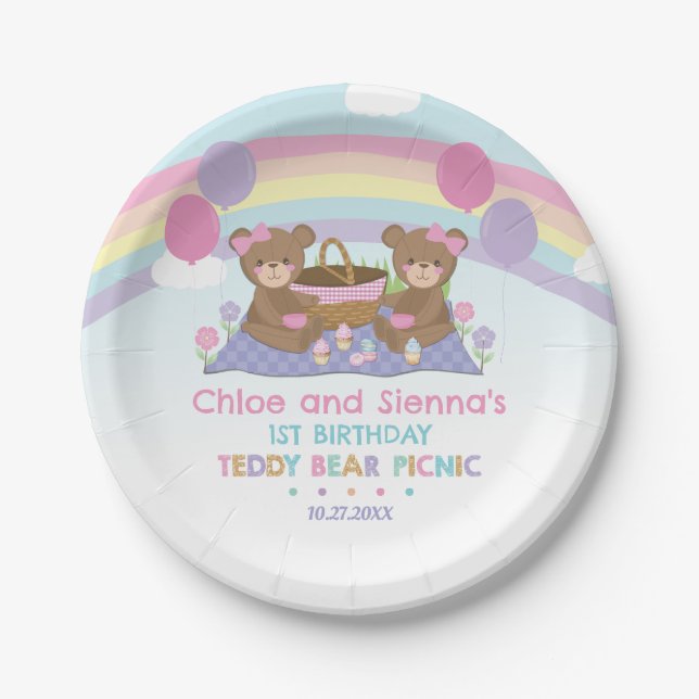 Plato De Papel Cute Teddy Bear Picnic Rainbow Twins Chica Cumplea (Anverso)