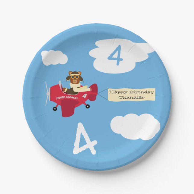 Plato De Papel Cute Teddy Bear Pilot Nombre y Edad Cumpleaños (Anverso)