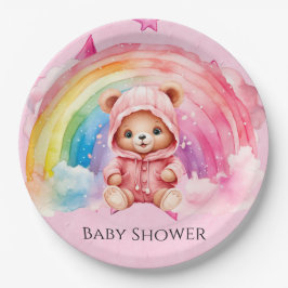 Plato De Papel Cute Teddy Bear Rainbow Chica Baby Shower