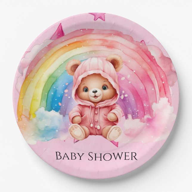 Plato De Papel Cute Teddy Bear Rainbow Chica Baby Shower (Anverso)