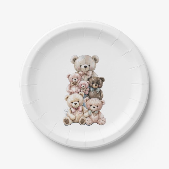 Plato De Papel Cute Teddy Bear Stack Pastel (Anverso)