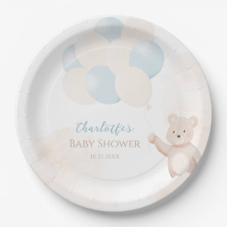 Plato De Papel Cute Teddy Bear with Balloons Boy Baby Shower