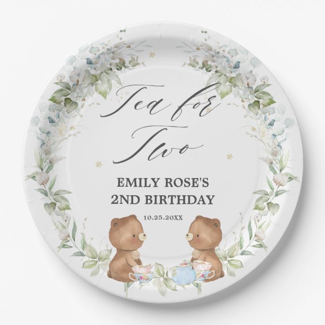 Plato De Papel Cute Teddy lleva té por dos cumpleaños  (Anverso)