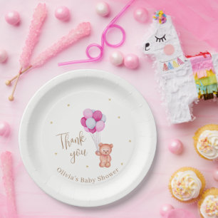 Plato De Papel Cute Teddy Pink Balloon Gracias Baby Shower