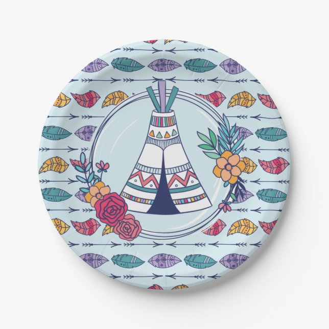 Plato De Papel Cute Teepee Boho Tribal Birday Paper Plate (Anverso)