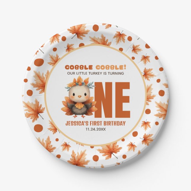 Plato De Papel Cute Turkey Gobble Thanksgiving Fall 1st Birthday (Anverso)