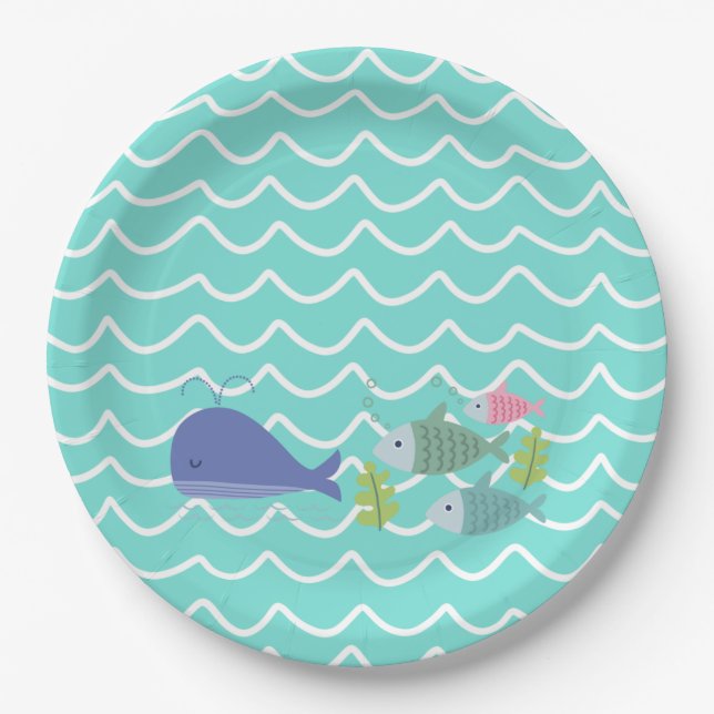 Plato De Papel Cute Turquoise Whale & Fishy Paper Plates (Anverso)