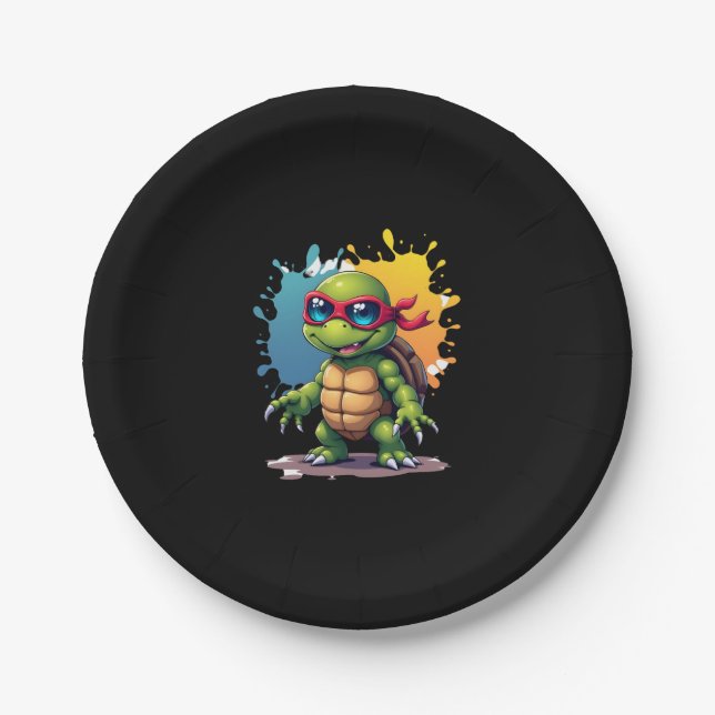 Plato De Papel Cute Turtle Wearing Sunglasses Paint Splash Sea An (Anverso)
