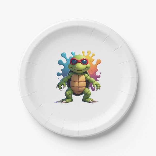 Plato De Papel Cute Turtle Wearing Sunglasses Paint Splash Sea An (Anverso)