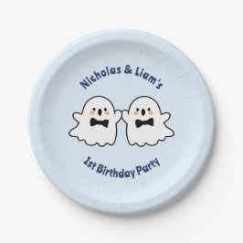 Plato De Papel Cute Twin Boys Blue Halloween Primer cumpleaños
