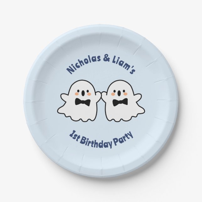 Plato De Papel Cute Twin Boys Blue Halloween Primer cumpleaños (Anverso)