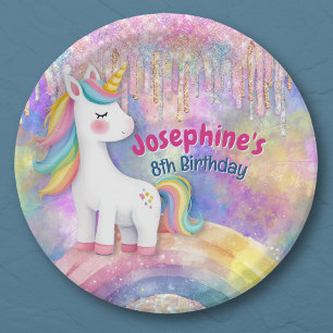 Plato De Papel Cute Unicornio Colorido falso brillo gotea cumplea