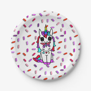 Plato De Papel Cute Unicornio con Mariposa en la Nariz con Purpur
