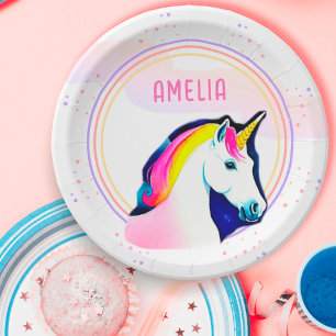 Plato De Papel Cute Unicornio Estrellas mágicas nombre Chica cump