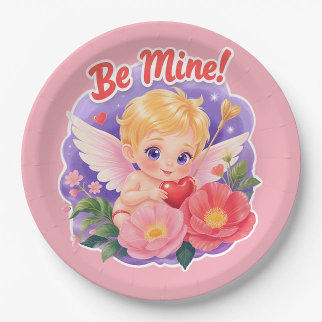 Plato De Papel Cute Valentine's Day Cupid with "Be Mine" (Anverso)
