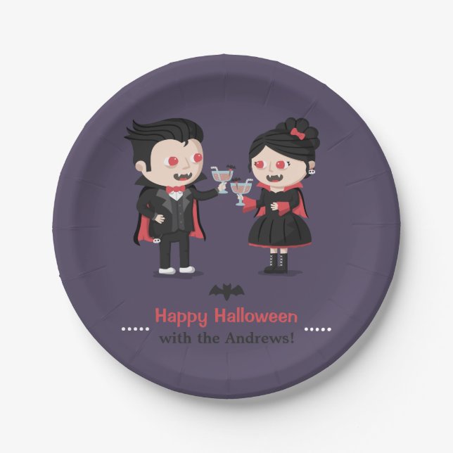 Plato De Papel Cute Vampiro y Chicas de Halloween (Anverso)