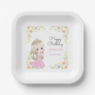 Plato De Papel Cute Vestido Rosa Princesa Cumpleaños Floral