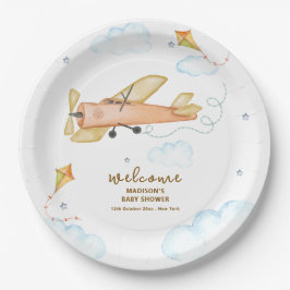 Plato De Papel Cute Vintage Aviator Airplane Baby Shower Welcome