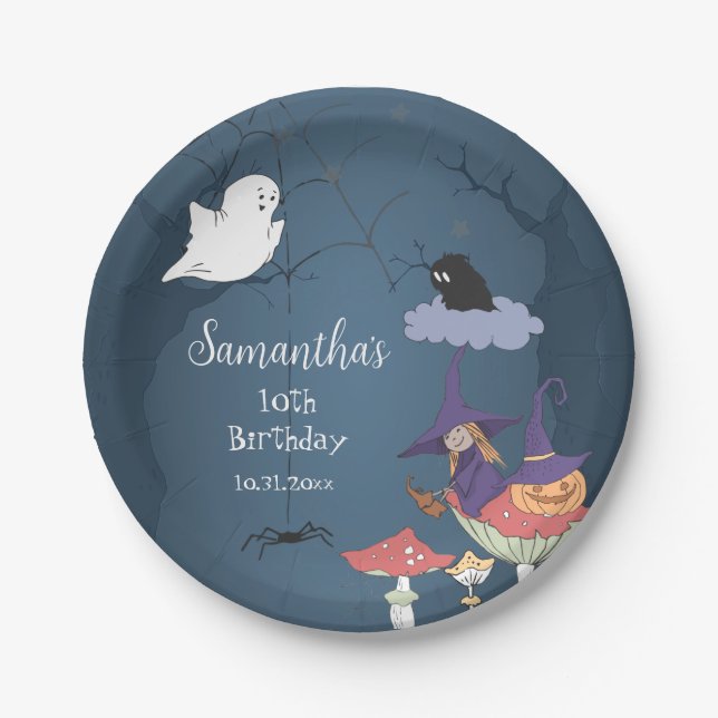 Plato De Papel Cute Violet Witch Halloween cumpleaños (Anverso)