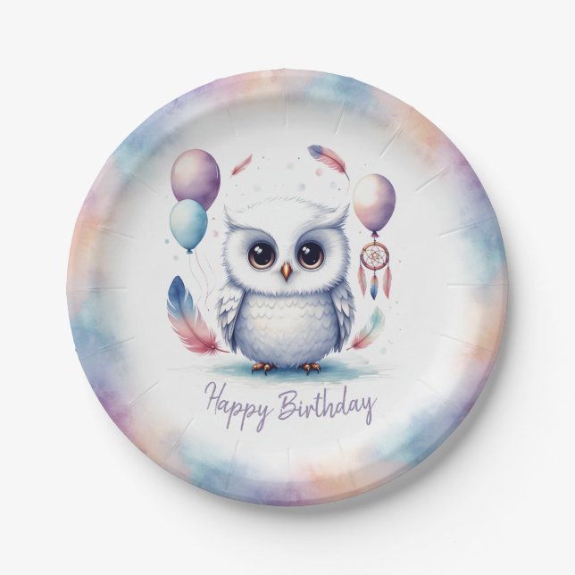 Plato De Papel Cute Watercolor Baby Owl Balloons Birthday  (Anverso)