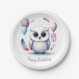 Plato De Papel Cute Watercolor Baby Owl Balloons Birthday