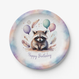 Plato De Papel Cute Watercolor Baby Raccoon Balloons Birthday