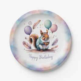 Plato De Papel Cute Watercolor Baby Squirrel Balloons Birthday 