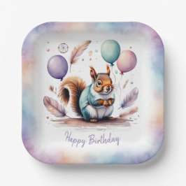 Plato De Papel Cute Watercolor Baby Squirrel Balloons Birthday 