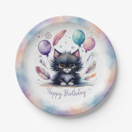 Plato De Papel Cute Watercolor Black Kitten Balloons Birthday 