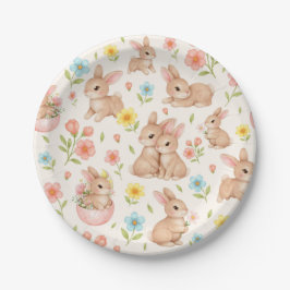 Plato De Papel Cute Watercolor Bunnies & Flowers Pattern