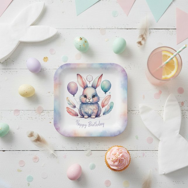 Plato De Papel Cute Watercolor Bunny Rabbit Balloons Birthday  (Cute Watercolor Bunny Rabbit Balloons Birthday Paper Plates)